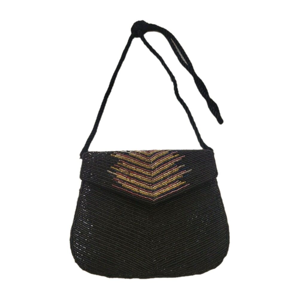 Vintage Black Beaded Evening Bag Rope Strap Art Deco Style - Picture 8 of 8